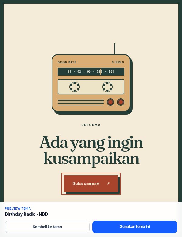 Tampilan demo tema Birthday Radio